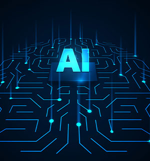 Futuristic AI lettering on a glowing blue circuit board background symbolizing artificial intelligence and automation