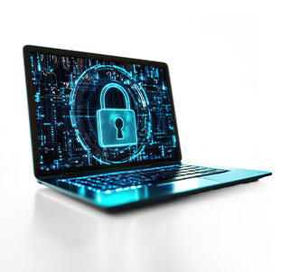 Laptop displaying a glowing digital lock icon representing cybersecurity and data protection
