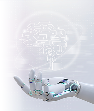 A robot hand holding a digital brain element