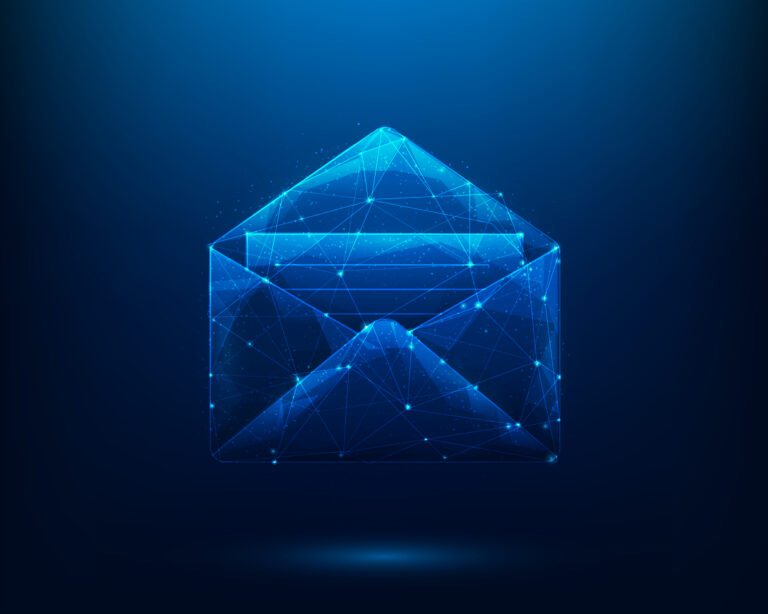 mail message digital technology on blue background. business letter inbox communication. vector illustration lowpoly wireframe fantastic design.