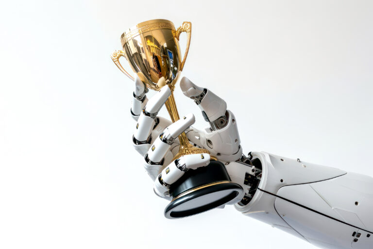 A robotic arm triumphantly holds up a gold trophy cup, symbolizing achievement in technology and robotics.