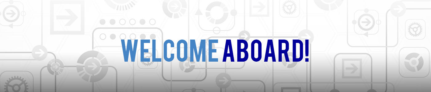 Welcome Aboard! text on a background of abstract technological icons and symbols.